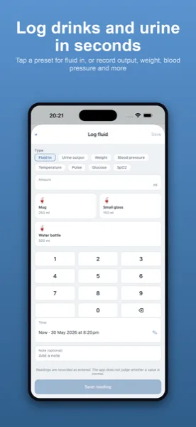 Logging a drink in Kidney Tracker with a quick amount picker